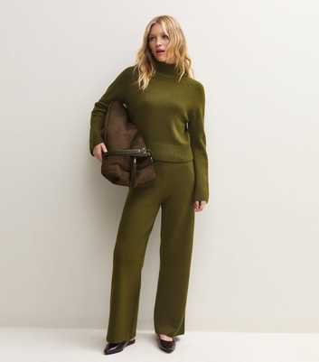 Dark Khaki Knit Wide Leg Trousers
