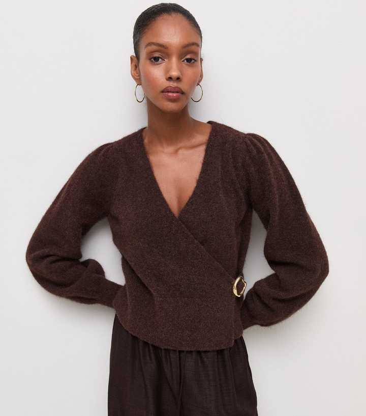 Dark Brown Knitted Buckle Wrap Jumper with Wool