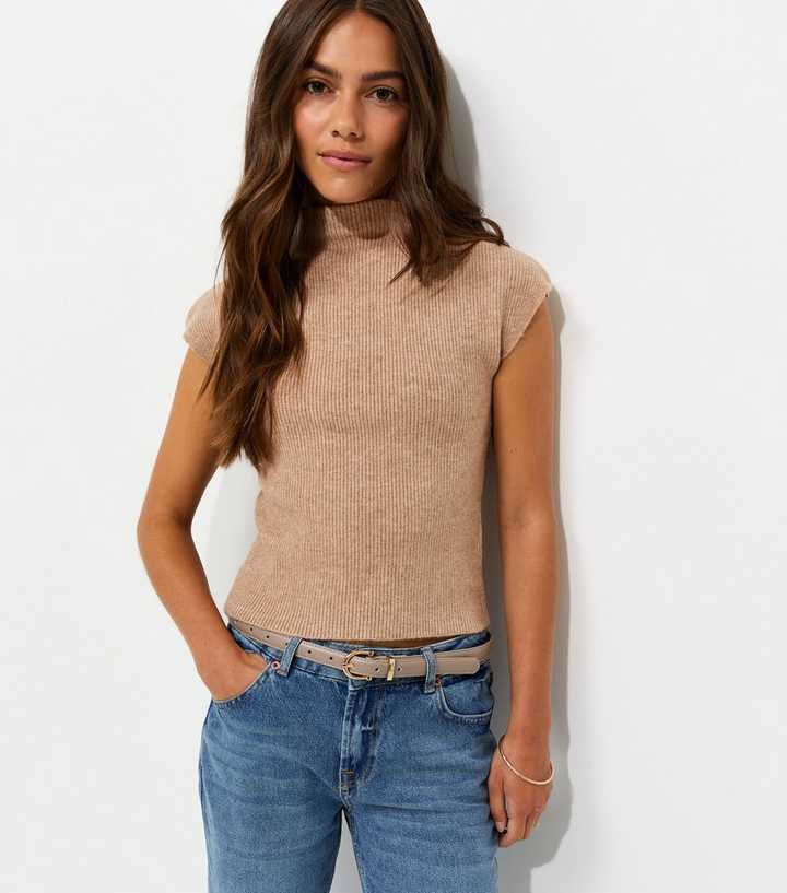 Petite Camel Ribbed Knit Cap Sleeve Top