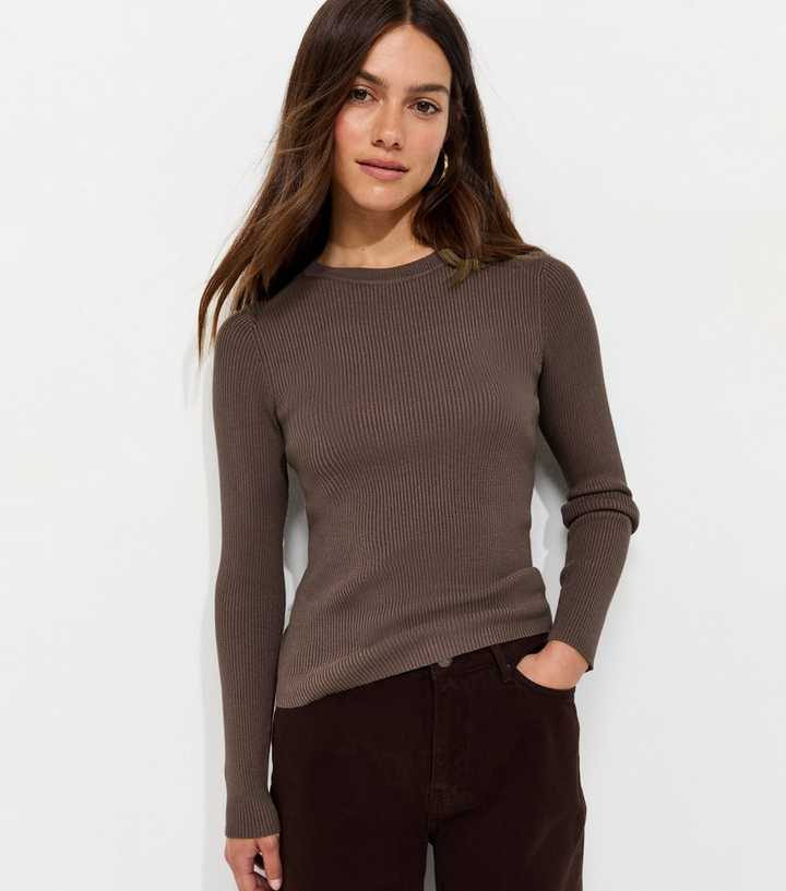 Petite Dark Mink Ribbed Lightweight Crew Neck Jumper