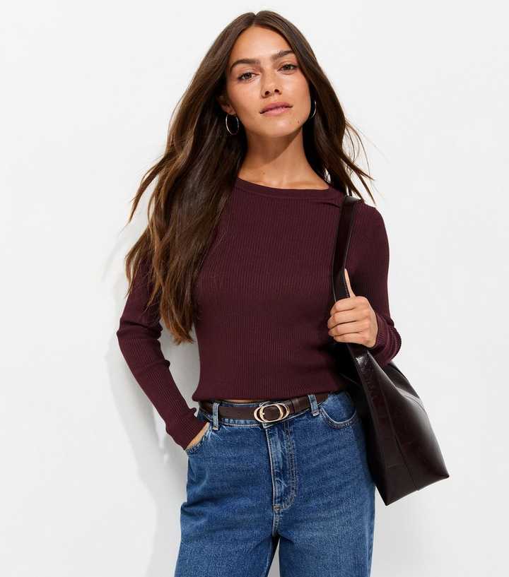 Petite Dark Burgundy Ribbed Lightweight Crew Neck Jumper