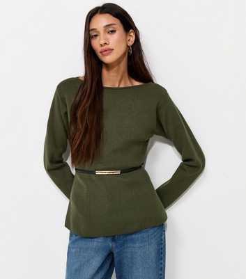 Light Khaki Belted Slash Neck Jumper