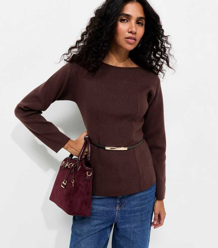 Burgundy Belted Boat Neck Jumper
