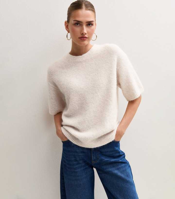 Cream Knitted Oversized Short Sleeve Top with Wool