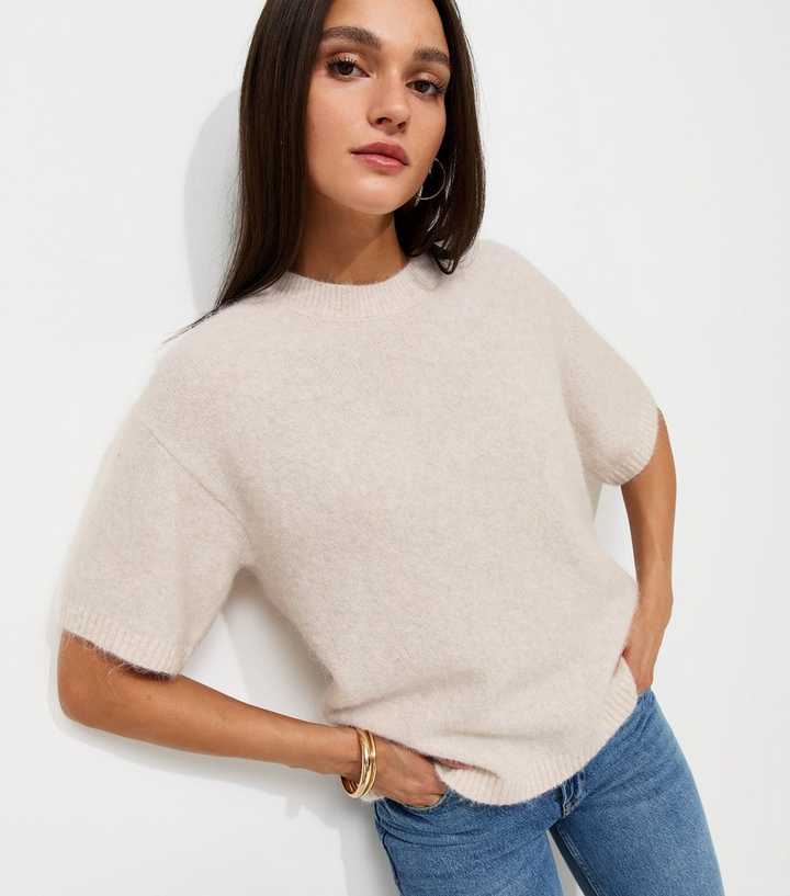 Cream Knitted Oversized Short Sleeve Top