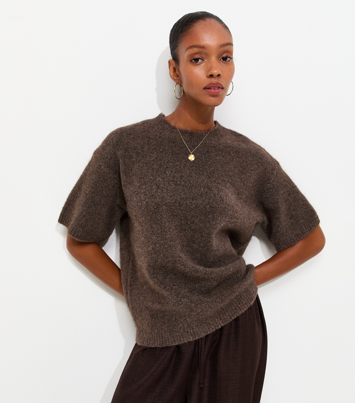 Women's Dark Mink Knitted Oversized Short Sleeve Top with Wool New Look