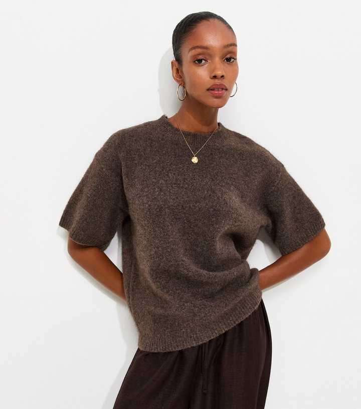 Dark Mink Knitted Oversized Short Sleeve Top