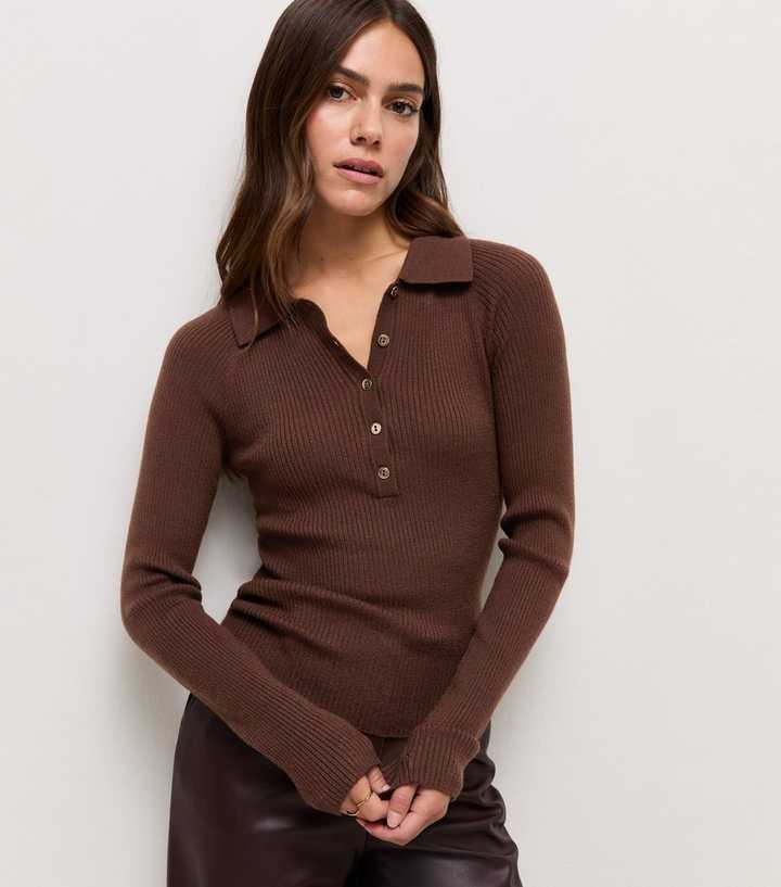 Petite Dark Brown Lightweight Rib Polo Shirt