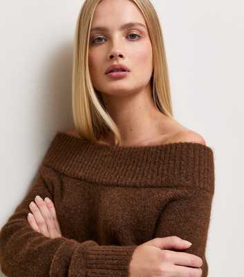 Dark Brown Knitted Off The Shoulder Faux Leather Belt Jumper