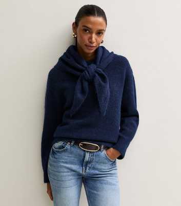 Navy Knit Scarf Jumper with Wool