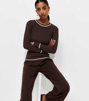 Brown Ribbed Tipped Crew Neck Jumper