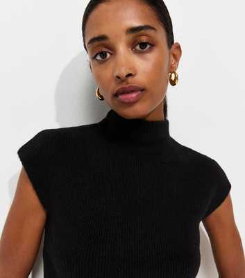 Black Ribbed Knit High Neck Cap Sleeve Top