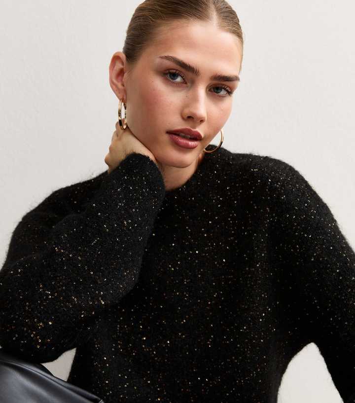 Black Sequin Knit Crew Neck Jumper with Wool