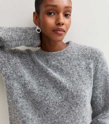 Grey Sequin Knit Crew Neck Jumper with Wool