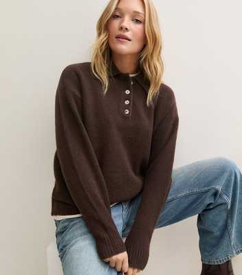 Dark Brown Button Polo Knitted Jumper