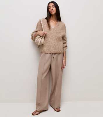 Light Mink Brushed Rib Knit V-Neck Jumper