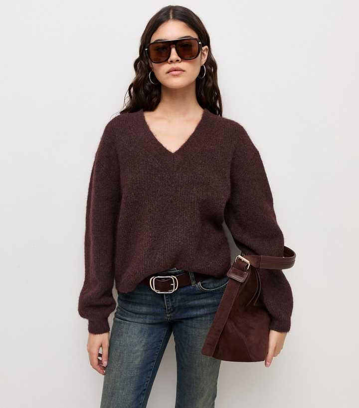 Dark Brown Brushed Rib Knit V-Neck Jumper with Wool