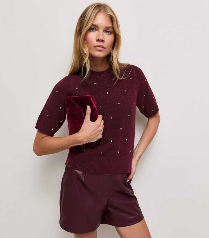 Dark Burgundy Diamante Studded Knitted T-Shirt