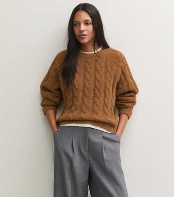 Tan Cable Knit Crew Neck Jumper with Wool