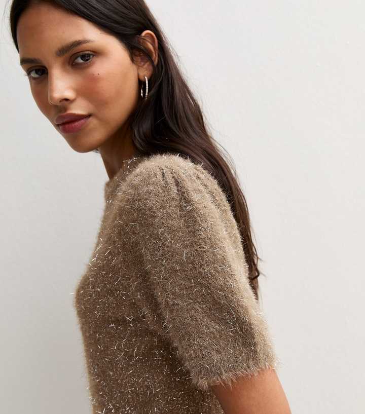 Dark Mink Fluffy Sparkle Knit Short Sleeve Jumper