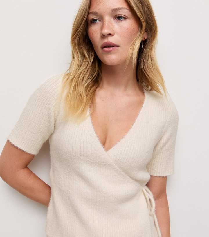 Oatmeal Short Sleeve Fluffy Knit Wrap Front Jumper