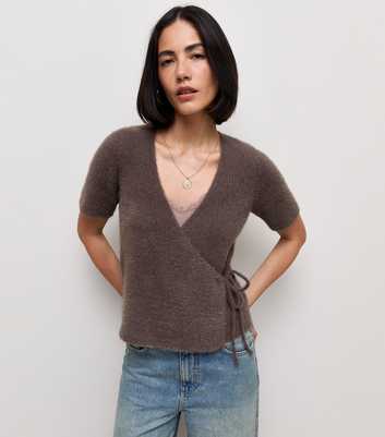 Dark Mink Short Sleeve Fluffy Knit Wrap Front Jumper
