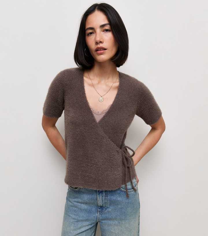 Dark Mink Short Sleeve Fluffy Knit Wrap Front Jumper