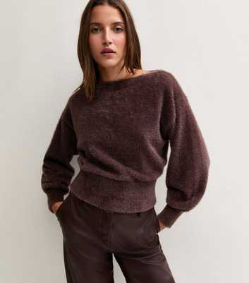 Dark Brown Fluffy Knit Slashed Neck Jumper