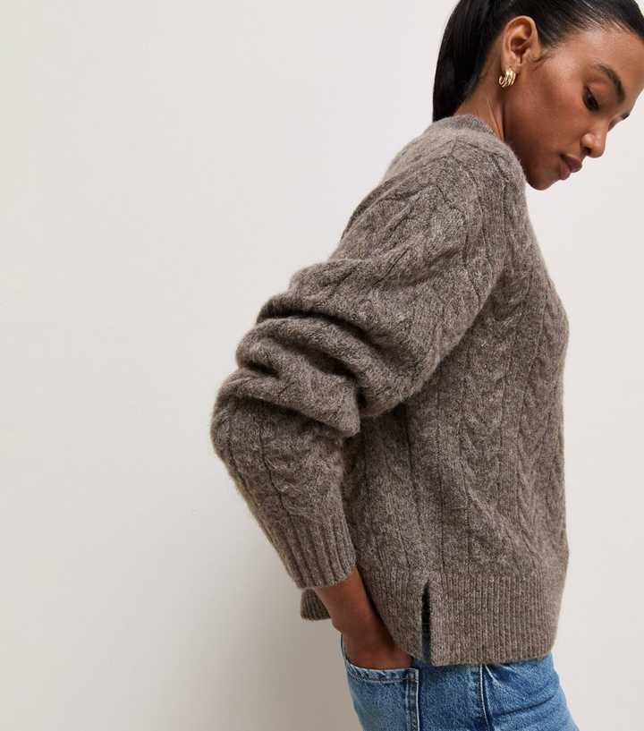 Dark Mink Cable Knit Stand Neck Jumper