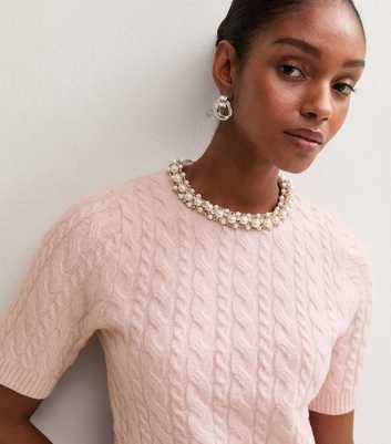Light Pink Cable Knit Embellished Necklace Short Sleeve Top