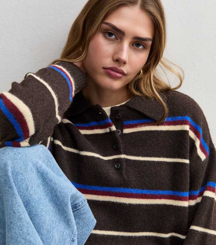 Brown Striped Button Neck Polo Jumper