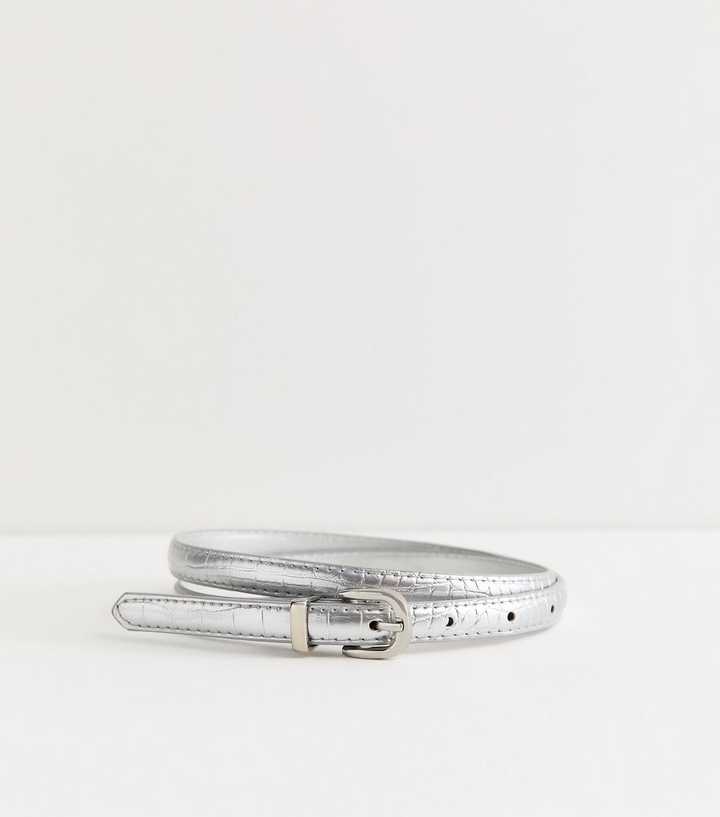 Silver Faux Leather Croc Embossed Skinny Belt