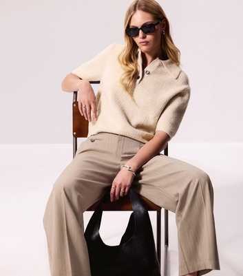 Oatmeal Ribbed Knit Short Sleeve Polo Top