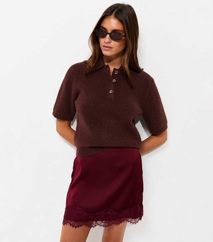 Dark Burgundy Ribbed Knit Short Sleeve Polo Top