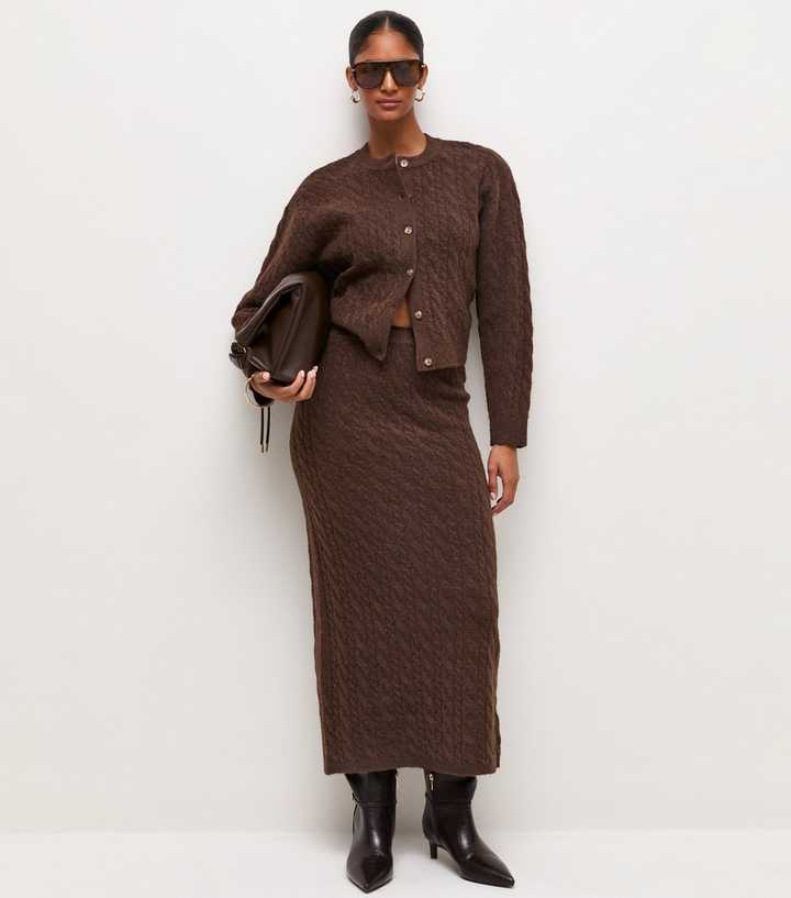 Dark Brown Cable Knit Midi Skirt