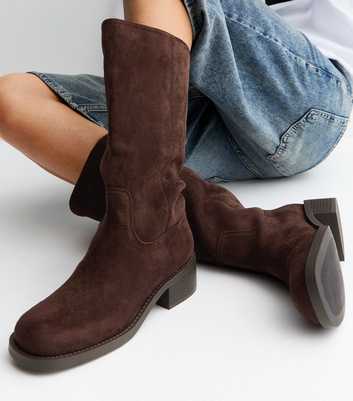 Brown Faux Suede Pull On Boots
