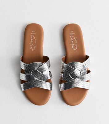 Wide Fit Silver Interwoven Strap Flat Mules