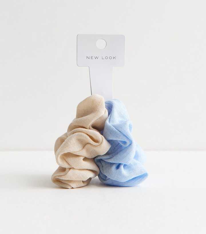 Pack of 2 Cream and Blue Woven Scrunchies