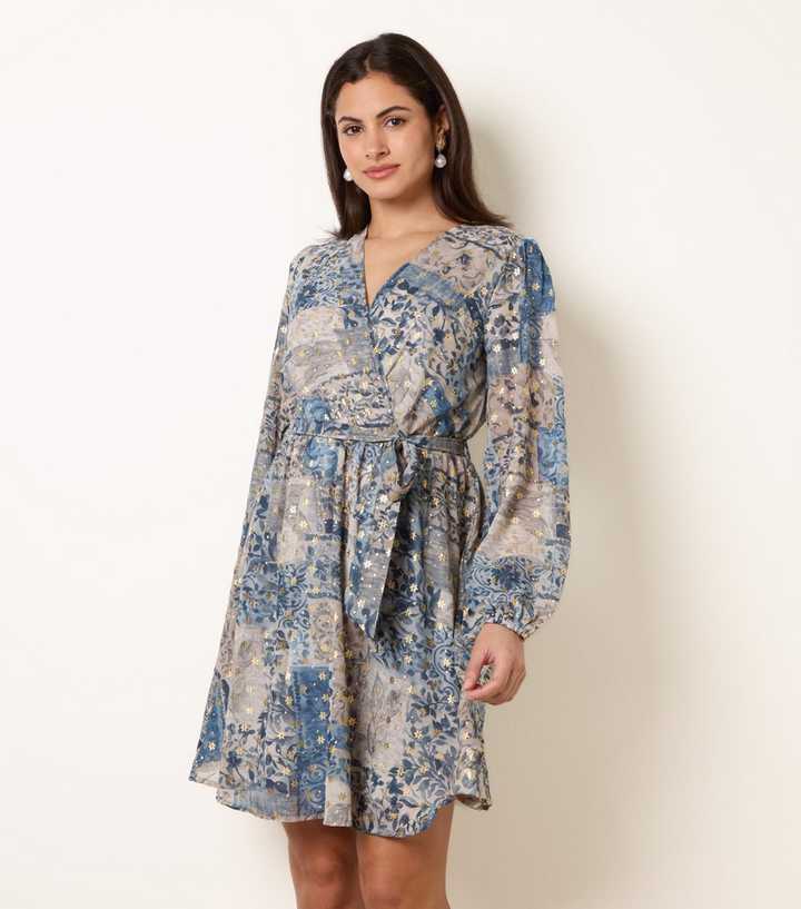 Blue Vanilla Blue Floral Foil Patchwork Print Mini Dress