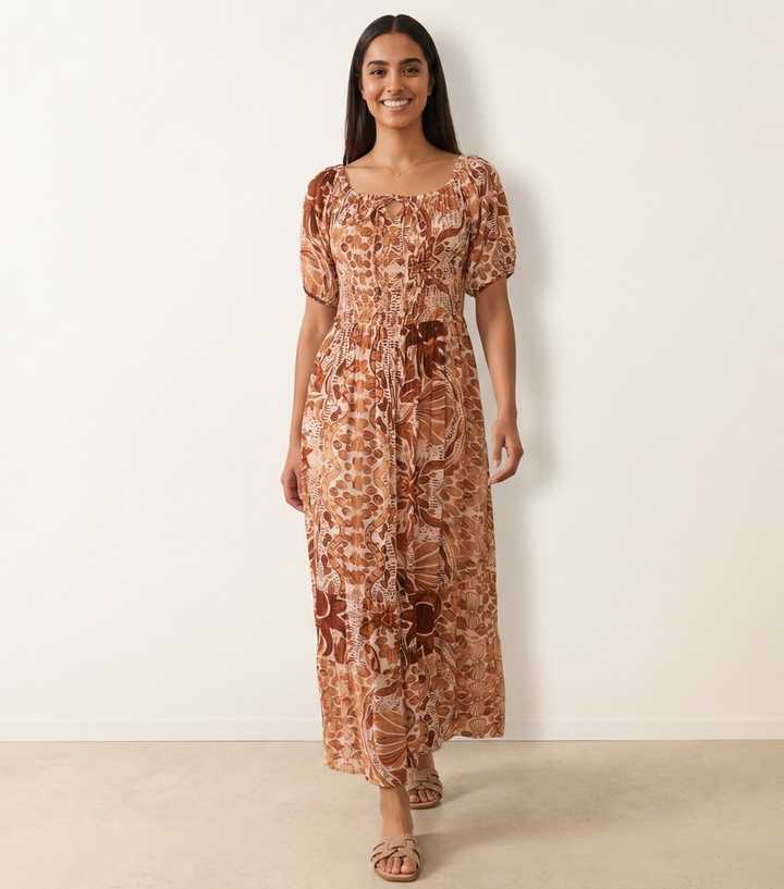 Blue Vanilla Brown Tie Front Shirred Midi Dress