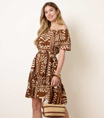 Blue Vanilla Brown Printed Off The Shoulder Mini Dress