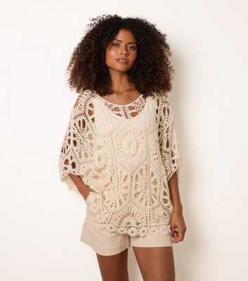Blue Vanilla Stone Floral Crochet Batwing Sleeve Top