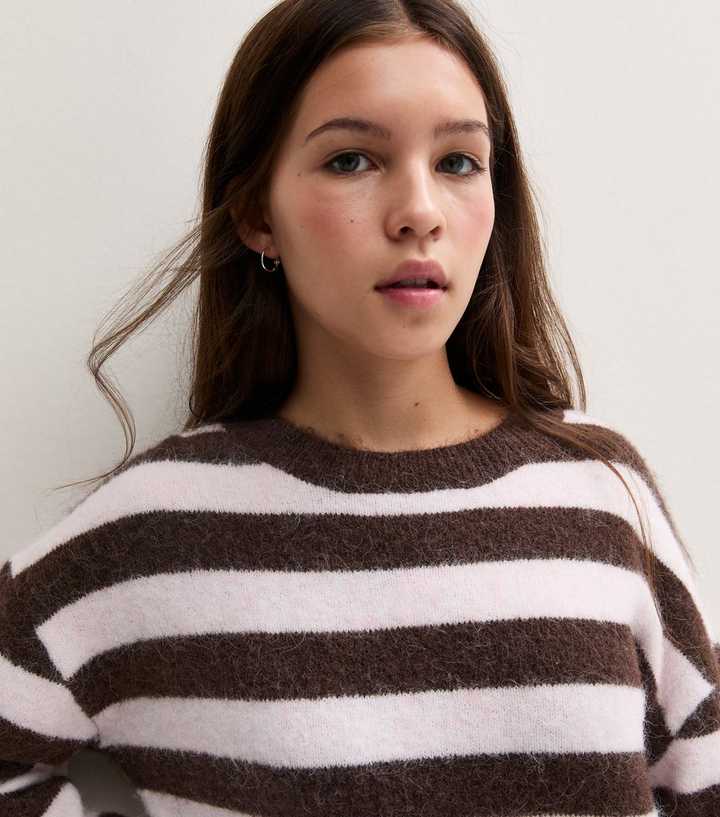 Girls Brown Striped Crew Neck Jumper