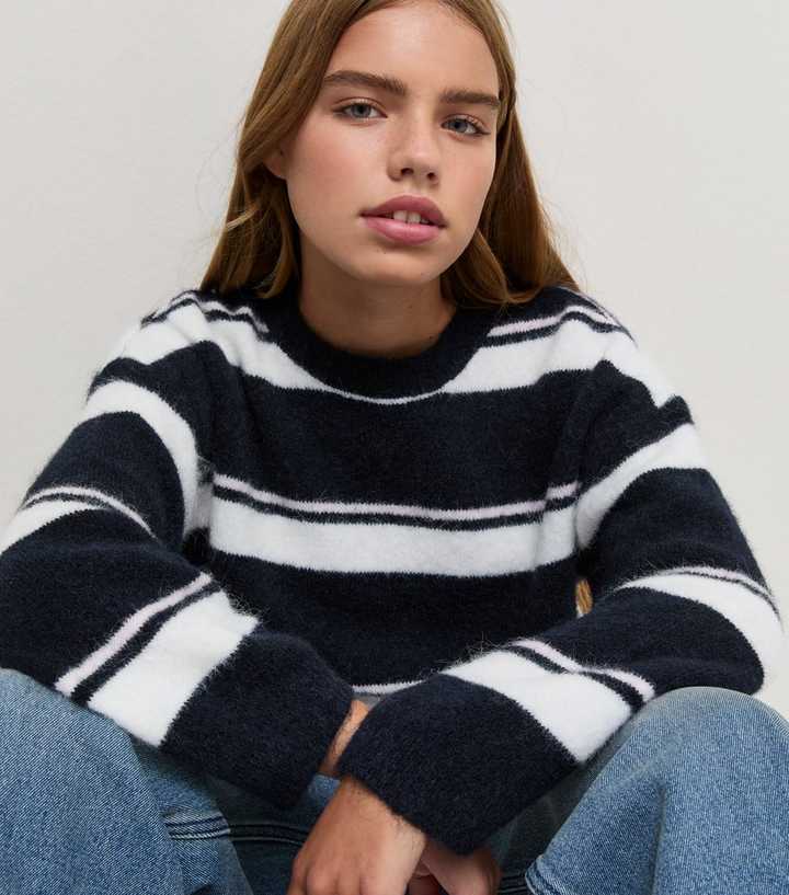 Girls Blue Striped Crew Neck Jumper