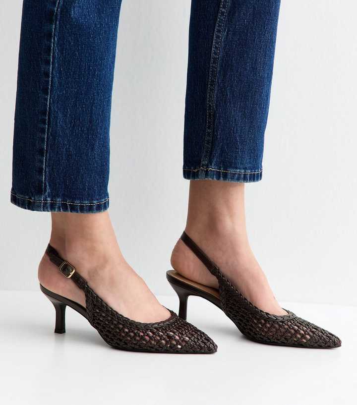 Dark Brown Faux Leather Woven Slingback Pumps
