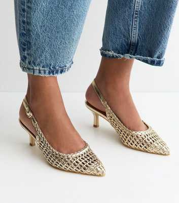Gold Faux Leather Woven Slingback Pumps