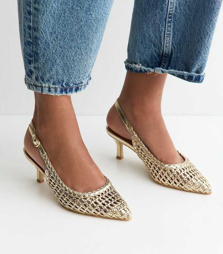 Gold Faux Leather Woven Slingback Pumps