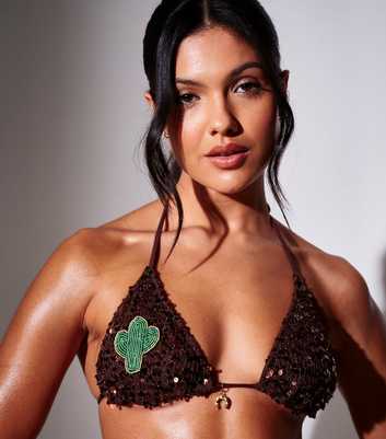 South Beach Brown Sequinned Crochet Triangle Bikini Top
