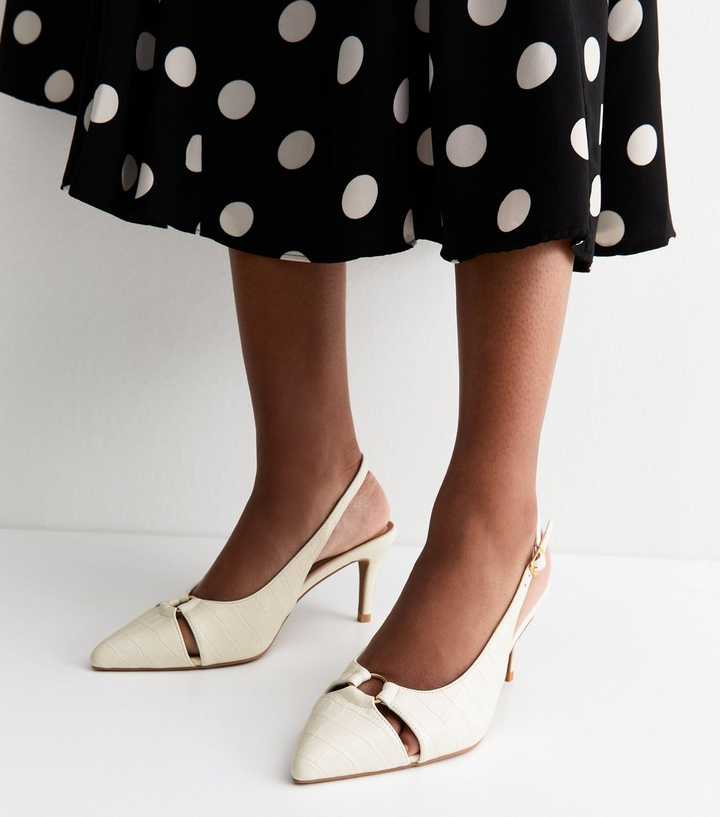 Wide Fit Off White Croc Embossed Slingback Court Shoes