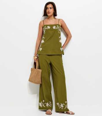 Green Cotton Floral Embroidery Wide Leg Trousers
